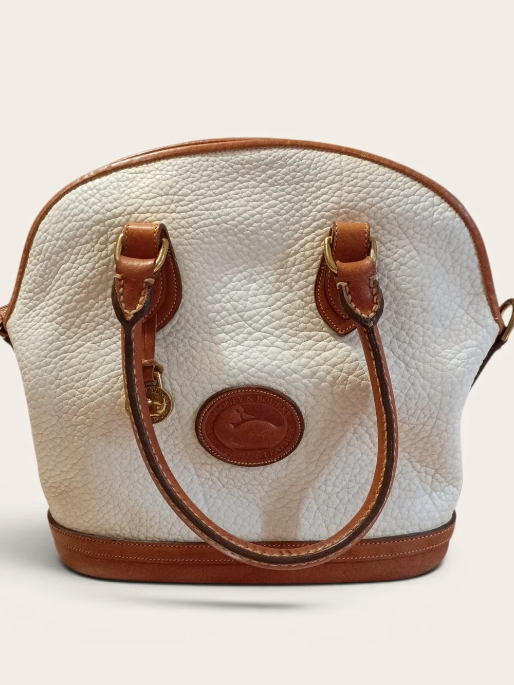 Dooney & Bourke White Pebbled Leather Satchel with Brown Trim